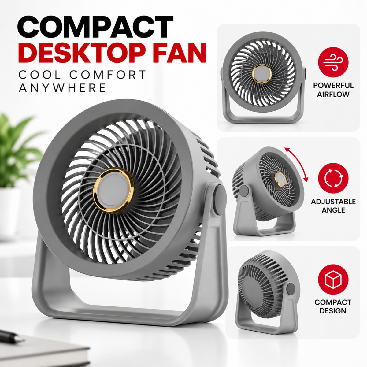 Rechargeable Multifunctional Desktop Fan 3-Speed Adjustable, 90° Rotation, Quiet Air Circulation
