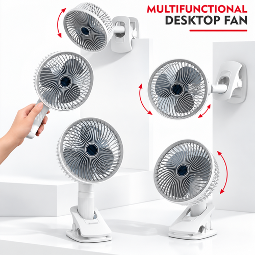 Rechargeable Clip-On Fan – 360° Rotation, 3 Speeds, USB Powered with Phone Holder