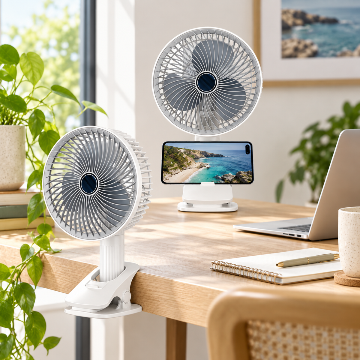 Rechargeable Clip-On Fan – 360° Rotation, 3 Speeds, USB Powered with Phone Holder